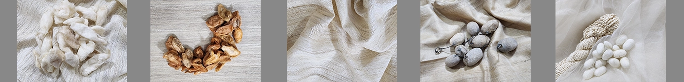 Silk fibers, dyed silk materials, woven silk fabric, silk cocoons, and silk yarn displayed for the Essence of Silk archive